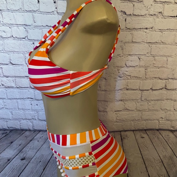 Bright Stripes Pom Pom Bikini, 👙, Size Small, Oranges and Pink Hues - Picture 3 of 9